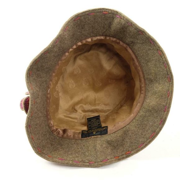 HELEN KAMINSKI Bucket Hat Cap 100% Wool Felt Sz. Medium Brown w/ Floral Applique